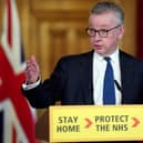 Minister for the Cabinet Office Michael Gove answering questions from the media via a video link during a media briefing in Downing Street. Photo: PA