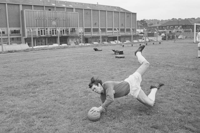 David Harvey makes a save during training in August 1968.