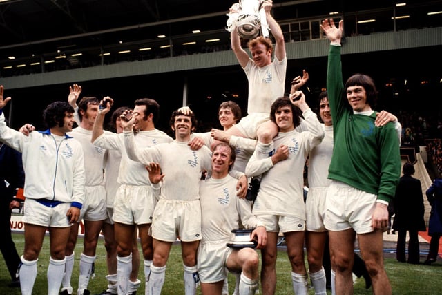 A beaming David Harvey celebrates with his teammates after winning the FA Cup at Wembley in 1972.