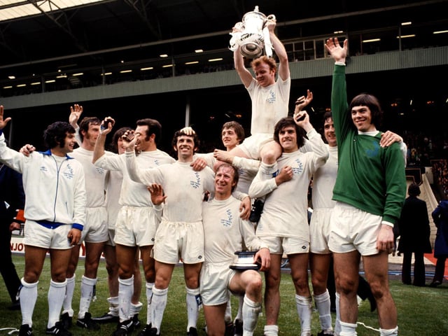 A beaming David Harvey celebrates with his teammates after winning the FA Cup at Wembley in 1972.