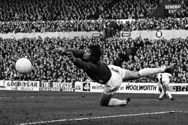 David Harvey dives full stretch to tip away a shot against Southampton at Elland Road in January 1974. The Whites won 2-1.