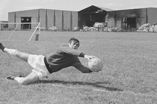 David Harvey makesi a save during training in July 1969.