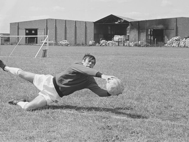David Harvey makesi a save during training in July 1969.