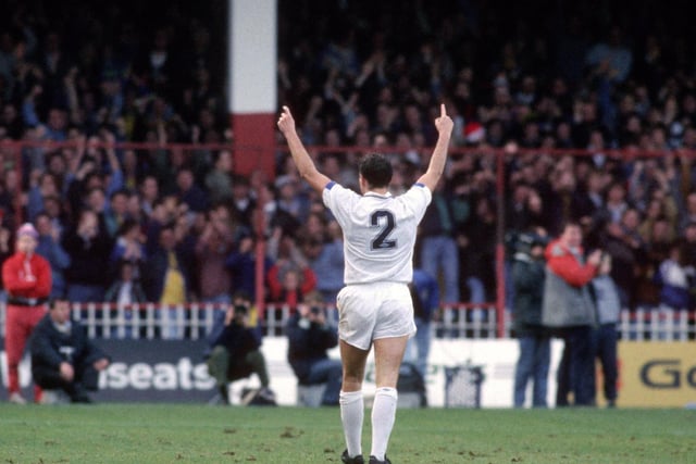 Mel Sterland celebrates at Bramall Lane after his long range free kick helped the Whites stay top of the league.