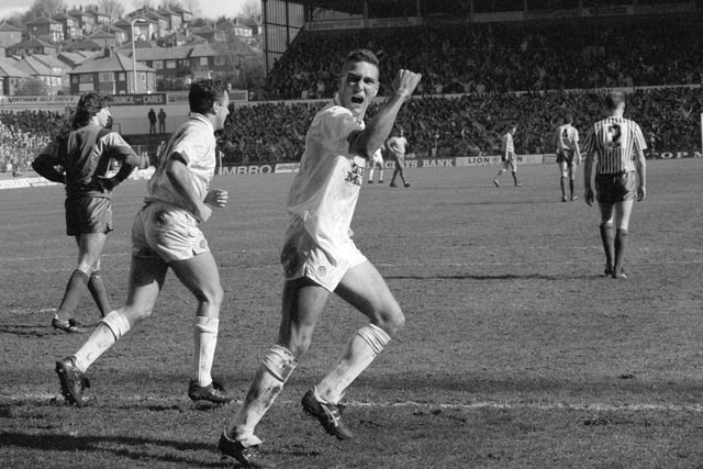 Vinnie Jones celebrates as Leeds cruised to victory against the Blades with the Gary Speed commentary now part of folklore.