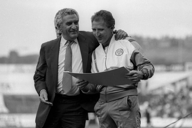Chairman Leslie Silver and Howard Wilkinson who is holding a cheque for 45,000 pounds which the club was given for winning the title.