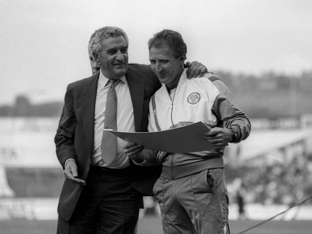 Chairman Leslie Silver and Howard Wilkinson who is holding a cheque for 45,000 pounds which the club was given for winning the title.