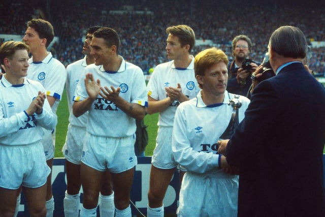 Gordon Strachan is handed the Second Division trophy.