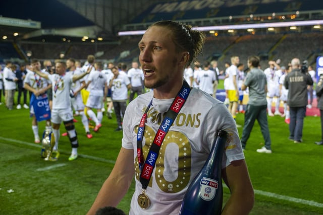 Luke Ayling celebrating at Elland Road, winning the division and promoted to the Premier League.