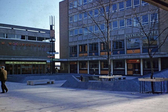 Queen's Court in the heart of Seacroft Shopping Centre in the late 1960s. Woolworths is on the left and Sovereign House offices on the right with the Sovereign pub on the ground floor.