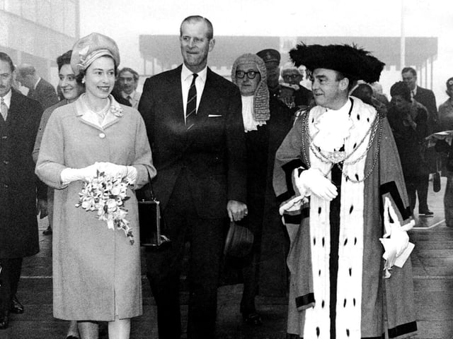 The Queen and Prince Philip with the then Lord Mayor of Leeds, Alderman W. R. Hargrave, at Seacroft Civic Centre in October 1965.