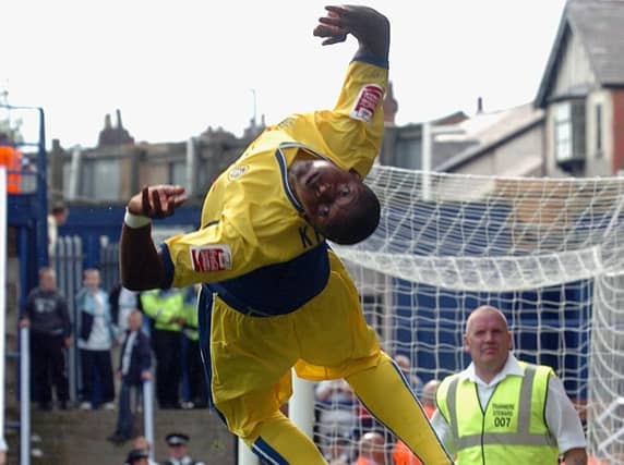 Leeds United striker Tresor Kandol celebrates his late winner at Tranmere.