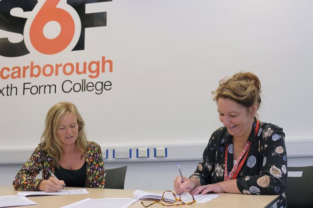 Sixth Form College staff Julie Walkington and Catherine Monkman work in the hub ready for students.