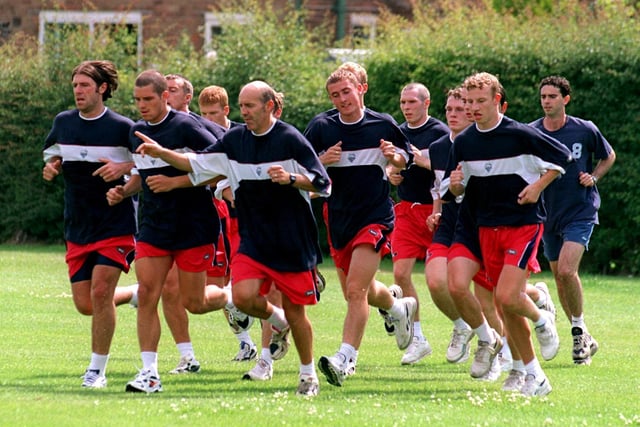 PNE physio Mick Rathbone leads the running in pre-season at Springfields in 1999
