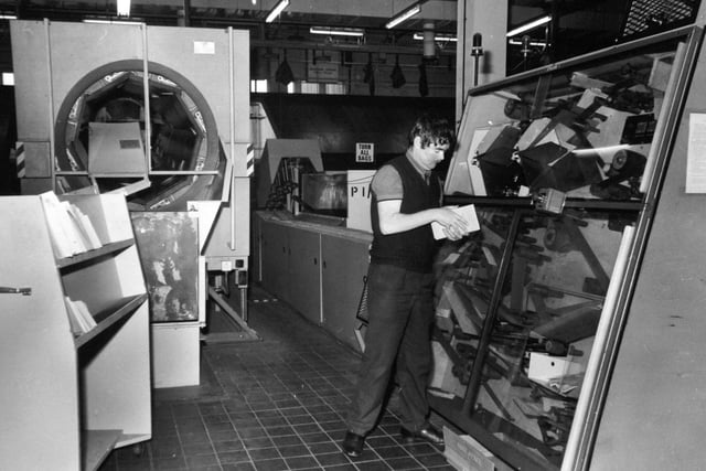 A segregator, left, and stacking unit in the mechanised complex pictured in February 1976.