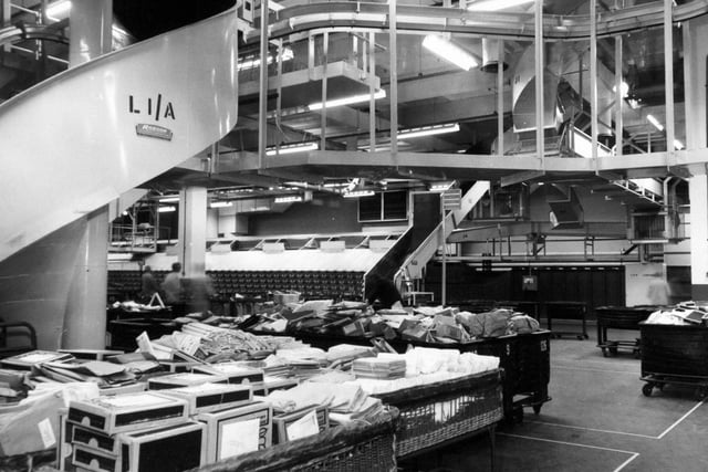 Packets awaiting sorting in the distribution area for Yorkshire towns in February 1976.