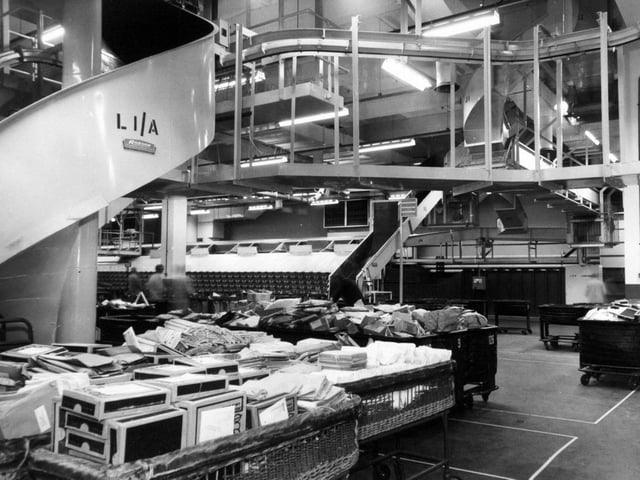 Packets awaiting sorting in the distribution area for Yorkshire towns in February 1976.