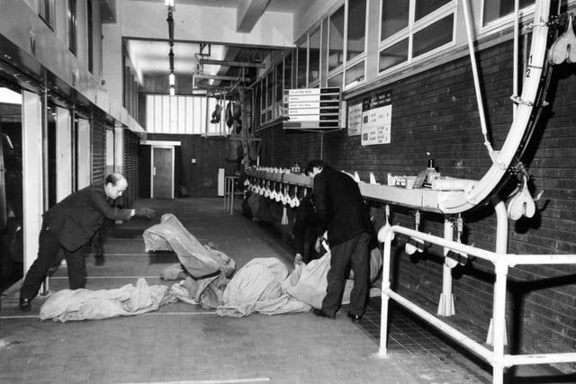 The inward loading platform. Bags of mail collected from posting boxes are attached to a chain conveyor which carries them up into the mechanised letter office.