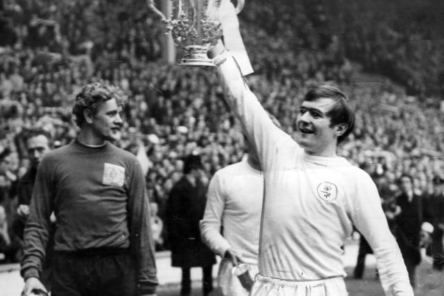 Terry Cooper celebrates with the League Cup trophy after his winning goal against Arsenal at Wembley in March 1968.