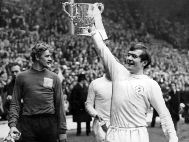 Terry Cooper celebrates with the League Cup trophy after his winning goal against Arsenal at Wembley in March 1968.