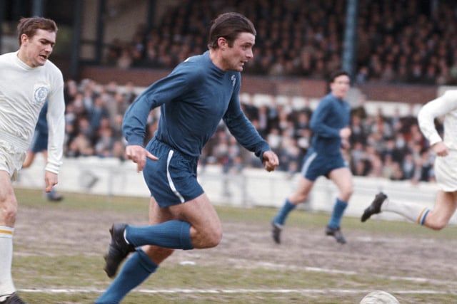 Terry Cooper hunts down Chelsea's Bobby Tambling during a First Division match against Leeds United at Stamford Bridge in May 1967.