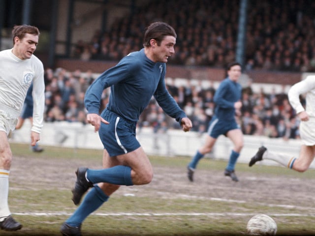 Terry Cooper hunts down Chelsea's Bobby Tambling during a First Division match against Leeds United at Stamford Bridge in May 1967.