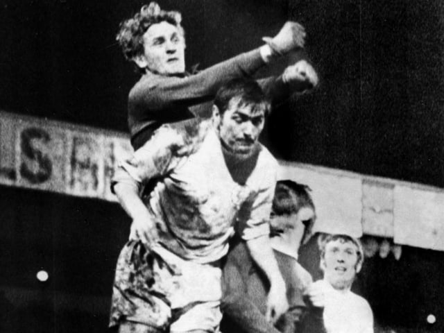 Terry Cooper and Gary Sprake make sure the Whites defence is not breached during the FA Cup semi-final replay with Manchester United at Villa Park in March 1970.