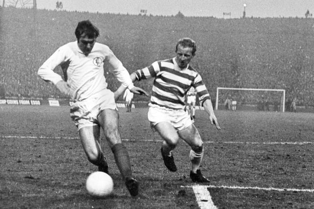 Terry Cooper challenges Celtic's Jimmy Johnstone during the European Cup semi final second leg at Hampden Park in  April 1970.