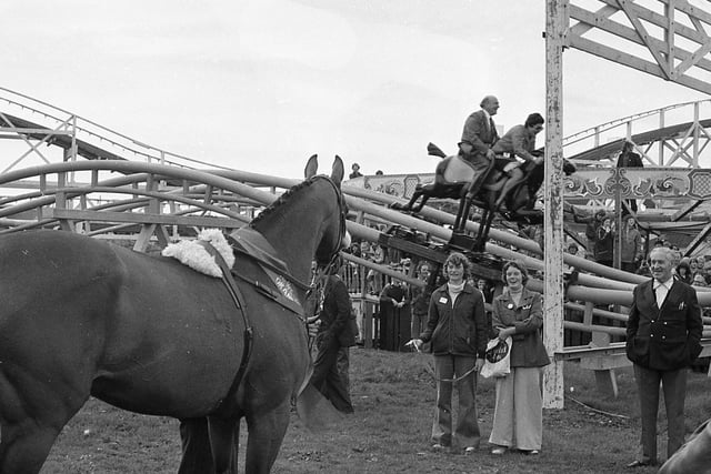 Red Rum left his mark on Blackpool's newest and most spectacular Pleasure Beach ride. Thousands of people crowded around the "Steeplechase" as Rummy inspected the 500 yard long course. Pleasure Beach officials had hoped that the horse would leave his hoof print in a concrete slab as a memento of his visit - but the noise from nearby rides scared the horse and the ceremoney was abandoned