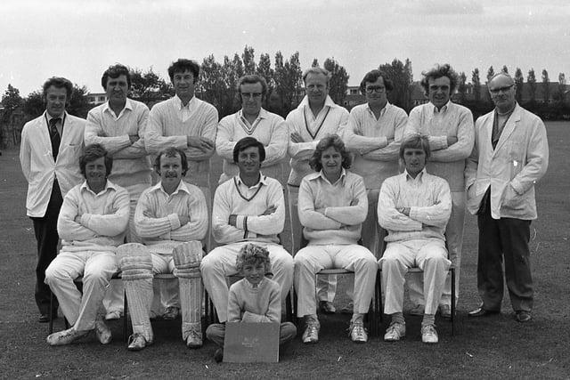 Freckleton Cricket Club, winners of Division B of the Palace Shield. Back row (from left): Malcolm Arnott (umpire), Alf McKinless, Vin Rigby, Henry Steele, Peter Sowerby, Duncan Hetherington, Alan Watkinson and Norman Bentley (umpire); Front row: Tervor Fiddler, Alan Hall, Louis Rigby (capt), David Iddon, Robin Sholz and scorer Andrew Rigby