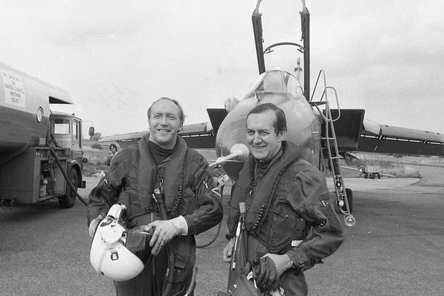 Air Chief Marshall Sir Micheal Beetham (right) and Mr Paul Millett, manager of flight operations at BAC (left) - before flying the multi-role combat Tornado aircraft. They took the Preston-built jet on a 55 minute test flight from Warton, near Preston