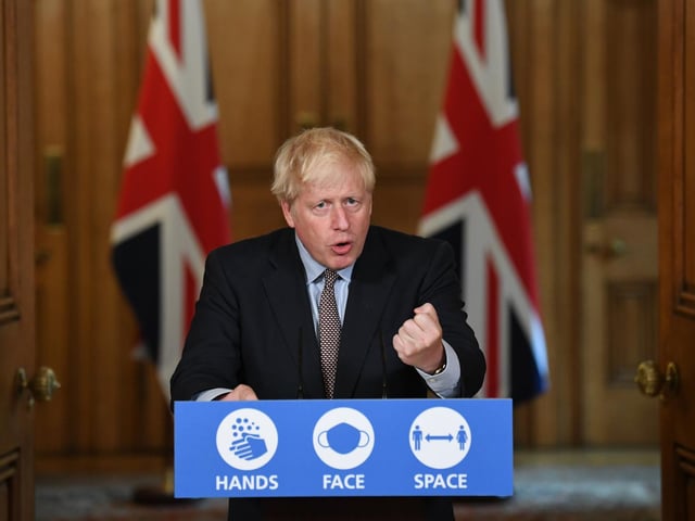 Prime Minister Boris Johnson during a virtual press conference at Downing Street, London, following the announcement that the legal limit on social gatherings is set to be reduced from 30 people to six. The change in the law in England will come into force on Monday as the Government seeks to curb the rise in coronavirus cases. Photo: PA