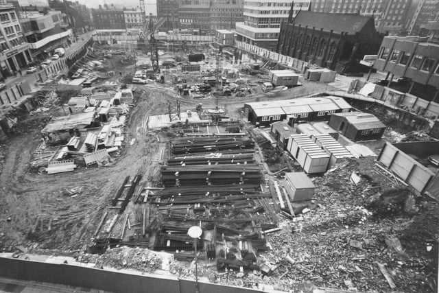 The construction site of the Bond Street Shopping Centre in 1975. The foundation stone was laid by Rt Hon Denis Healey MP who predicted Leeds would become a place of pilgrimage for planners from all over Europe.