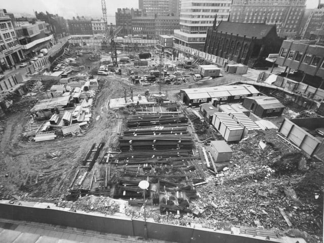 The construction site of the Bond Street Shopping Centre in 1975. The foundation stone was laid by Rt Hon Denis Healey MP who predicted Leeds would become a place of pilgrimage for planners from all over Europe.