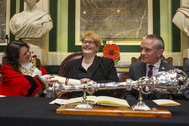 Writer Sally Wainwright (centre), creator of a number of much-loved television series, was given the freedom of the borough in March. She is the creator of the 2019 HBO and BBC One television series Gentleman Jack starring Suranne Jones as Anne Lister and Sophie Rundle as Ann Walker. Wainwright is known for her creation of the ITV drama series Last Tango in Halifax, and Happy Valley. Twitter: @spiceyw