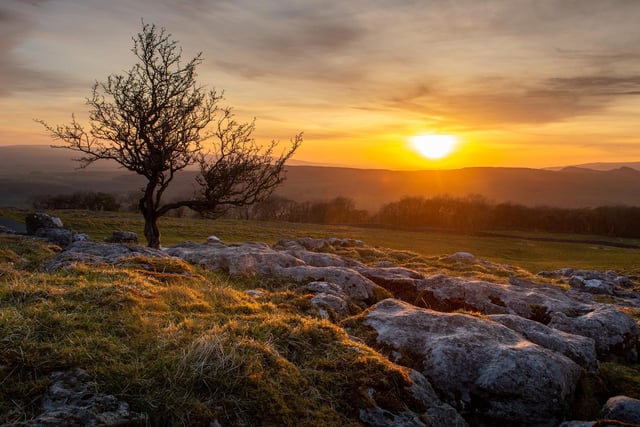 Golden evening light falls as the sunsets on the limestone above Winskill Stones Nature Reserve  above the village of Stainforth.
