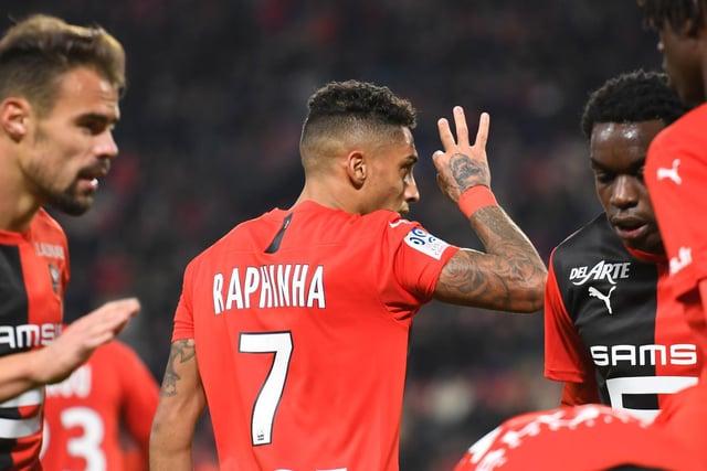 HANDY: Celebrating netting for Rennes against St Etienne in December 2019. Photo by DAMIEN MEYER/AFP via Getty Images.