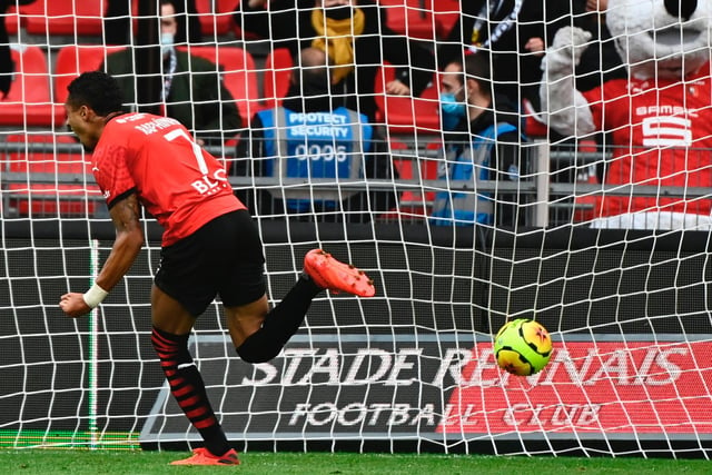 PERFECT GOODBYE: Netting for Rennes against Reims in Sunday's 2-2 draw. Photo by DAMIEN MEYER/AFP via Getty Images.