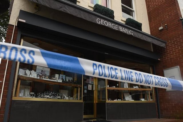 Police say the offender entered the city-centre jewellers in Lune Street at about 4.30am and made off about five minutes later after he broke into a number of display units.