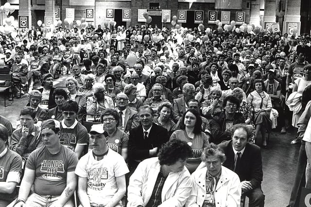 Mackintosh workers at a rally at the Royal horticultural hall before they marched to the Houses Of Parliament in 1988.