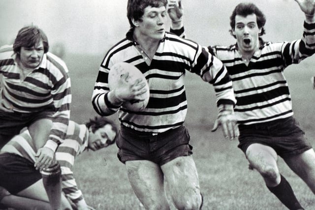 Saturday 12th January 1980 - Wigan Rugby Union Club player Martin Cowburn, centre, opens the scoring with his try  against Furness at Douglas Valley.
Wigan won the match 26-0.