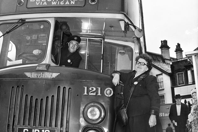 Wednesday 12th January 1972 - Wigan Corporation bus conductress Anne Walsh, aged 60, pictured on her last day of work before retiring on Wednesday.  
Anne first became a clippie in 1940 but was made redundant 6 years later before being back on the buses in 1952.  She is pictured with driver Dick Broomhead who was her bus driver mate for the last 7 years.