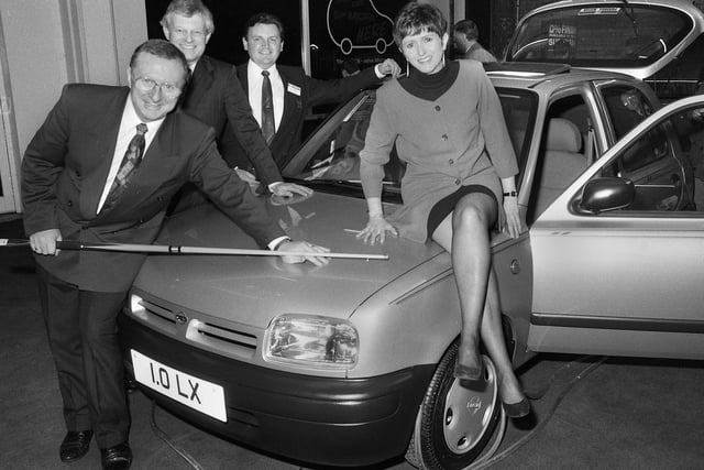 Wednesday 13th January 1993 - Snooker star Denis Taylor on cue to launch the new Nissan Micra at Pierdrive Nissan, Pottery Road, Wigan.
