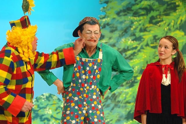 Bill Collins as Dame Dolly Doolally, Kevin Metcalf as Silly Billy and Shelley Ross as Little Red Riding Hood, Wigan Little Theatre's 2006 pantomime.
