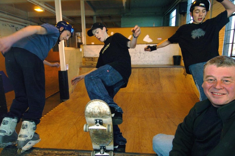 January 2006 and owner Simon Clark with some of the skateboarders at the Works Skate Park.
