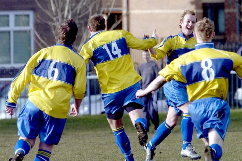 February 2006 and match action from Hunslet v Field. Pictured is Hunslet's Steve Edwards (centre) celebrating with teammates after scoring his side's second goal.
