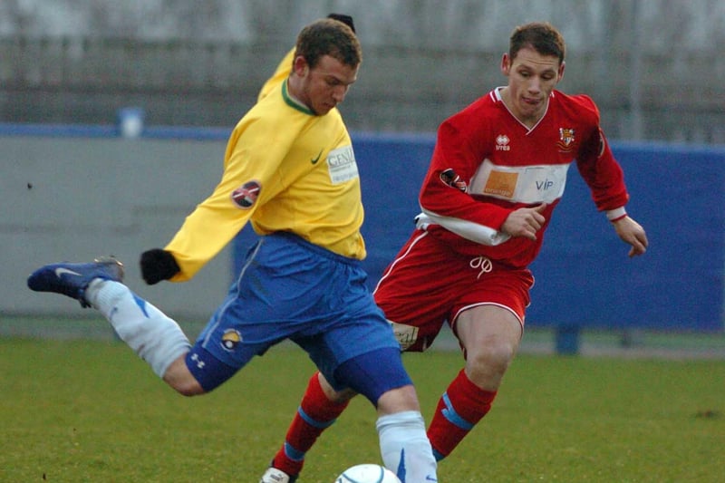 Match action from Garforth Town v Bridlington Town in January 2007. Garforth's Mark Piper shoots as Bridlington's Dean Lachie closes in.