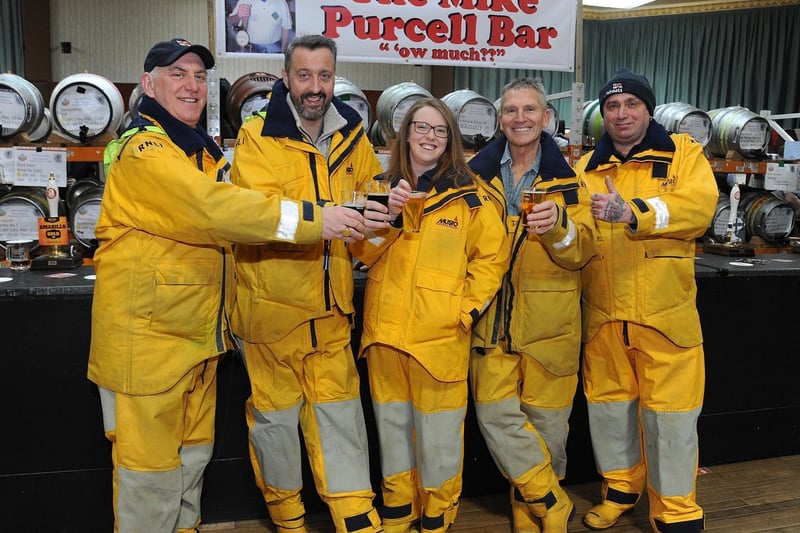 Members of Fleetwood lifeboat crew (off-duty!) turn up for a pint, with L-R: Coxswain Tony Cowell, Ian Ellarby, Lizzie Dykes, Paul Ashworth and Bryan Blund