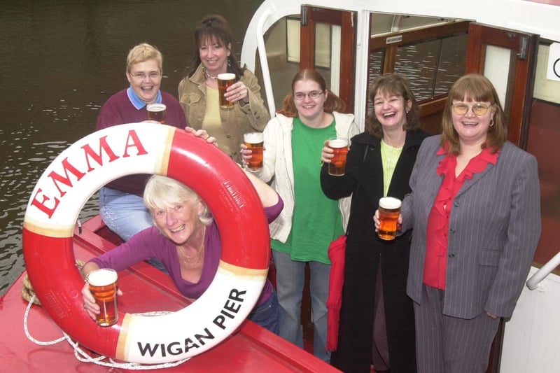 Ladies set sail for Wigan's 16th annual beer festival launched at the Orwell, Wigan Pier in 2003 -  from left, Pauline Marsh, Janet Gleave, Valerie Hollows, Panda Alexander, Susan White and Mia Reeves