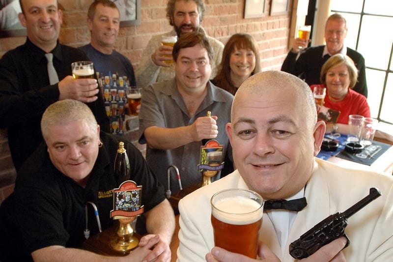 Dean McDonald with fellow CAMRA members and Allgates Brewery staff at the launch of the 20th Wigan Beer Festival entitled '007 - The Pie Who Loved Me' - in 2007.